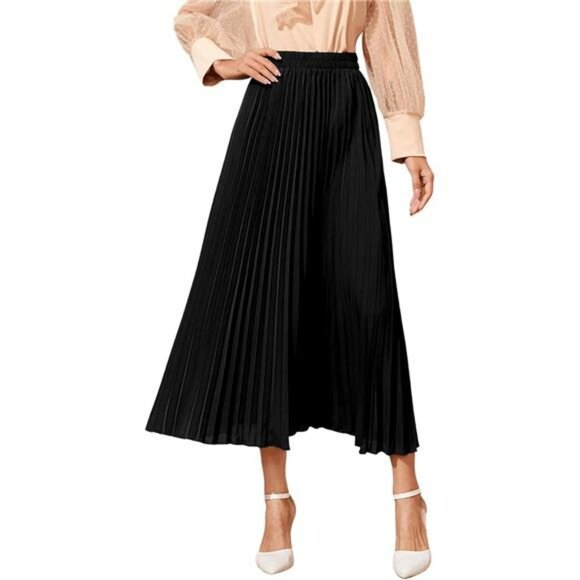 Womens Pleated Long Skirt High Waist Solid Maxi Skirt Casual Flowy Work Skirt - Picture 1 of 6